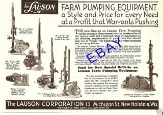 1930 LAUSON WATER WELL PUMP JACK AD NEW HOLSTEIN WI