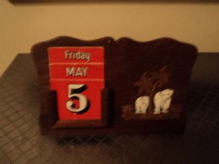 Vintage Perpetual Wooden Desktop Calendar with Ivory Colored Elephant
