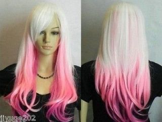 New White Mixed Pink Long wavy Cosplay womens human made hair wig+cap