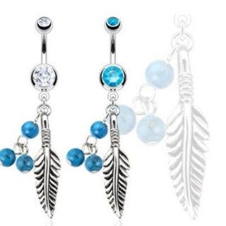 DREAMCATCHER FEATHER DANGLE NAVEL BELLY RING TURQUOISE BALL BUTTON