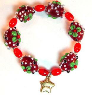 Bumpy bead girls bracelet, red & green flowers, Make a Wish star, 6