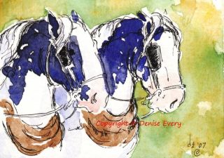 Piebald Spotted Draft Team Heavy Harness Horse Equine Art ACEO Print