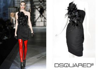 NEW DSQUARED2 RUNWAY FEATHERS LEATHER CRYSTALS SILK CORSET DRESS 40