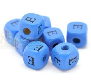 100 Blue Alphabet/ Letter E Cube Wood Beads 10x10mm