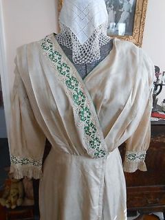 SALE Elegant Ecru & Green Silk Edwardian Cotton Tea Dress Downton