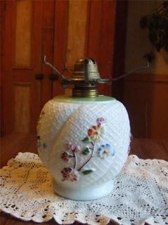 VINTAGE Quilited Milk Glass with Applied Painted Flowers Oil Lamp