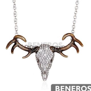 Deer Head Horn Elk Silver ANTLER SKULL Pendant Necklace with Swarovski