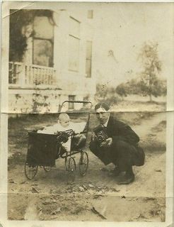 Vintage Old Photo Man with 1910 CAMERA next to Baby in Stroller Photo