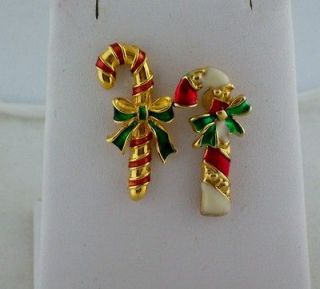 Pair of Vintage Red & Green Enamel Christmas Candy Cane Scatter Pins