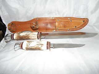 Matched Pair Bowie & Small Hunting Knifes Elk Carved Stag Handles