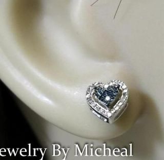 Opulent Estate Old Cut Blue Genuine Diamond Sterling Silver Heart Stud