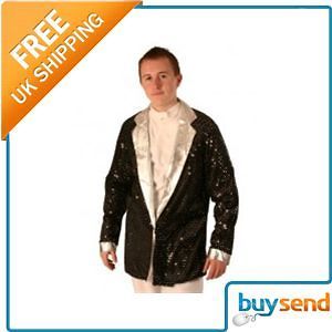 Adults Mens 70S Disco Black & Silver Sequin Jacket Elvis Fancy Dress