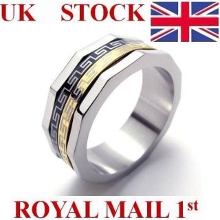 Mens Womens Gold Tone Spinning Spin Greek Key Gear Style Band Ring