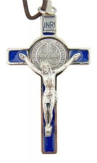 High Quality 3 Silver Plate Blue Enamel Saint Benedict Medal Crucifix