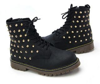 Womens Ladies Faux Leather GOLD Studded Zip Combat Boots Military Bike