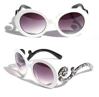 Designer Inspired Round High Fashion Sunglasses w/ Baroque Swirl Arms