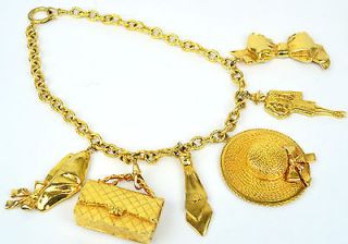 Authentic CHANEL Goldtone 6 Jumbo Charm Necklace Hat Ribbon Bag Lady