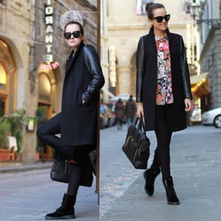 Womens Luxury Fitted Woolen Trench Jacket Coat With PU Sleeve Black