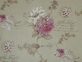 Curtain Fabric Floral Script Linen Pink White French by the metre
