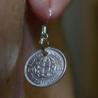 1940 Silver Threepence coin earrings   Great Gift