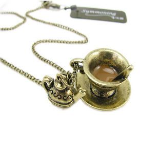 Alice in Wonderland bronze tea cup set chain necklace