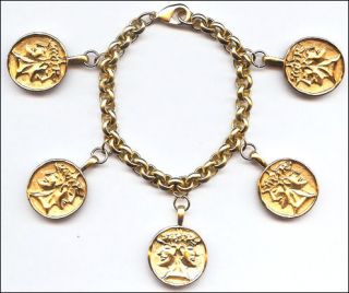 Etruscan Double Headed Janus 5 Charm Bracelet 24K Plate