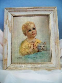Vintage 1950s Florence Kroger Framed Print, Little Boy Praying