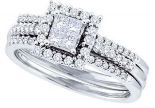 14k White Gold Princess Diamond 3 PC Halo Bridal Engagement Wedding
