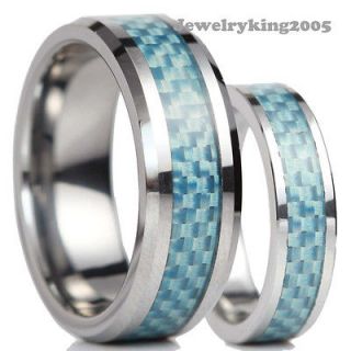 New Matching Tungsten Carbide Ring Set Wedding Band w LightBlue Carbon