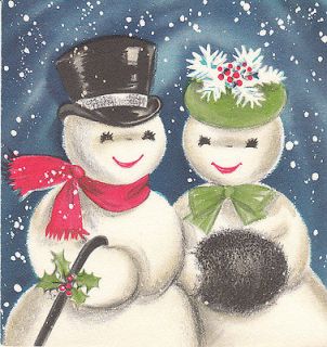 Vintage Christmas Card Snowman and Snow Lady Hallmark Blue Mid Century