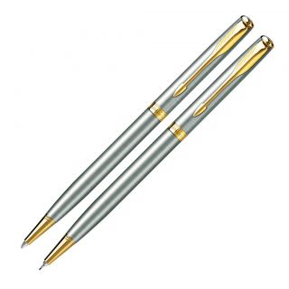 Parker Sonnet Slim Pen & Pencil Set, Satin Stainless Steel, Gold Trim