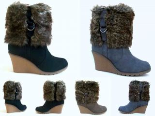 WOMENS WINTER REAL FUR WEDGE BOOTS LADIES WARM SNOW BOOTS ALL SIZES 3