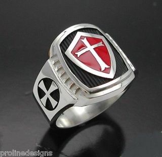Knights Templar Cross Ring #014 Sterling Silver with red enamel