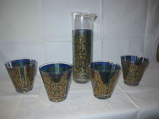 PAISLEY GEORGES BRIARD HIGHBALL COCKTAIL GLASSES AND PITCHER GOLD TRIM