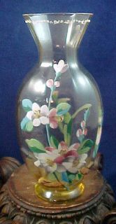 Antique Bohemian HARRACH Amber Hand Painted Enamel Lily Art Glass Vase
