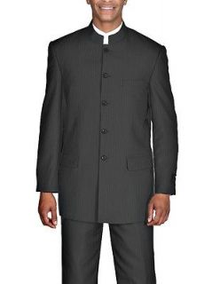 Men mandarin or band collar suit black/stripe, navy/sripe by Milano