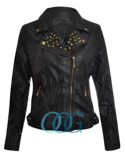 Long Sleeve PVC PU Faux Leather Gold Stud Biker Zip Up Jacket Top