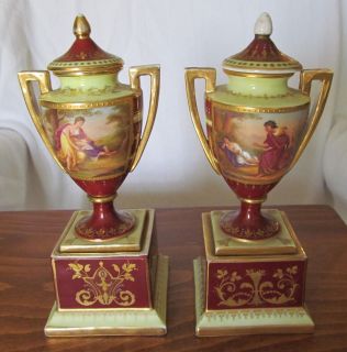 Pair Antique Royal Vienna Hand Painted Covered Urns
