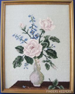 Vtg 18 Framed Needlepoint Hand Stitch Magnolia Floral Wall Hanging