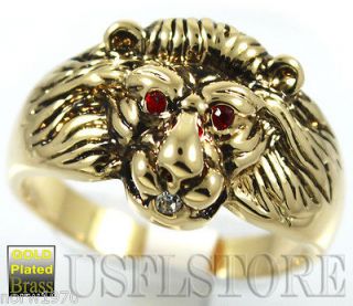 Mens Lion Head Red Eye 18kt Gold Plated Ring Size 13