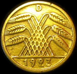 Germany 1923D Gold Colored 5 Rentenpfennig Coin. Combined S&H
