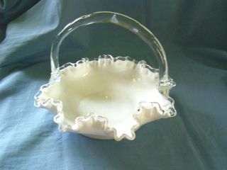 Fenton Silver CrestRuffled Edge Basket Milk Glass Signed FENTON 6 X 6