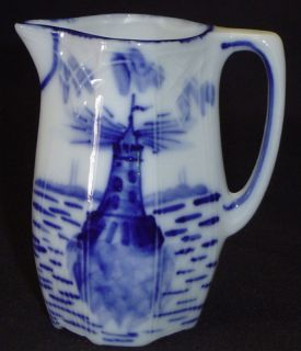 Antique Art Nouveau Germany Flow Blue Delft Porcelain Pitcher w