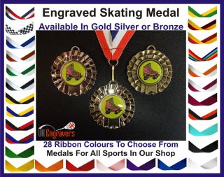 ENGRAVED ROLLER SKATING BOOTS CHILDRENS ROSETTE MEDAL WITH RIBBON