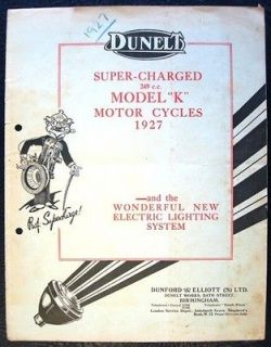 DUNELT MODEL K MOTORCYCLE RANGE BROCHURE 1927. 249cc SUPERCHARGED