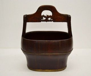 Unique Chinese Old Dark Wood Water Bucket Barrel with Carved Handle