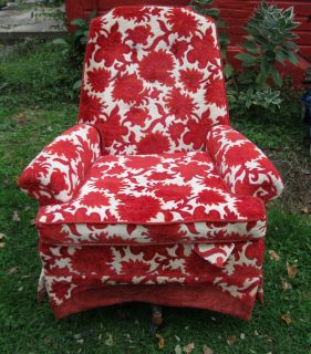  High Back Regency Upholstered Red Floral Chair Swivel Spring Wheels