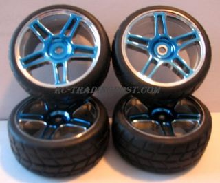 Blue Chrome 1 10th Scale RC Touring Car Wheels Tires Complete Set Of 4