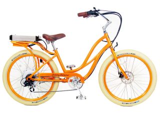 ® Electric Cruiser Bicycle Bike Orange Frame Rims Creme Tires