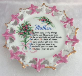 Mother Poem Plate Pink Roses and Luster with Gold Pierced Rim